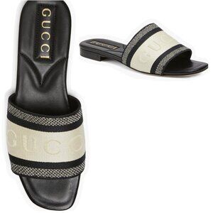 Gucci Jane Slide Sandals Black/White Embroidered Logo Flat Open Toe  38.5 US8.5